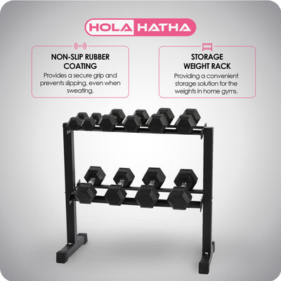HolaHatha 150 Pound Rubber Encased Dumbbell Strength Training Weight Set w/ Rack - VMInnovations