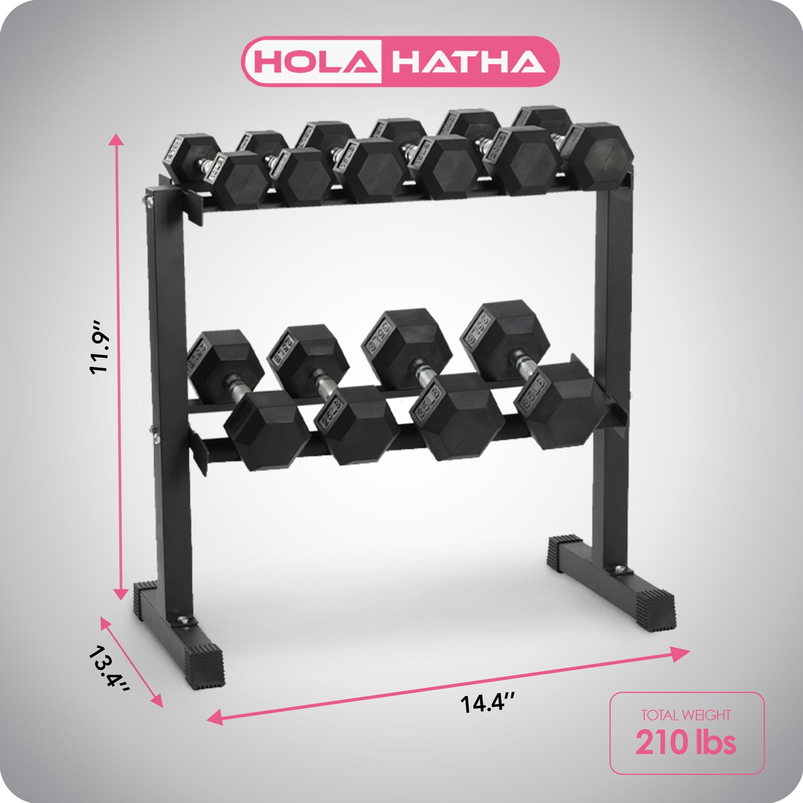 HolaHatha 210 Pound Rubber Encased Dumbbell Strength Training Weight Set w/ Rack - VMInnovations