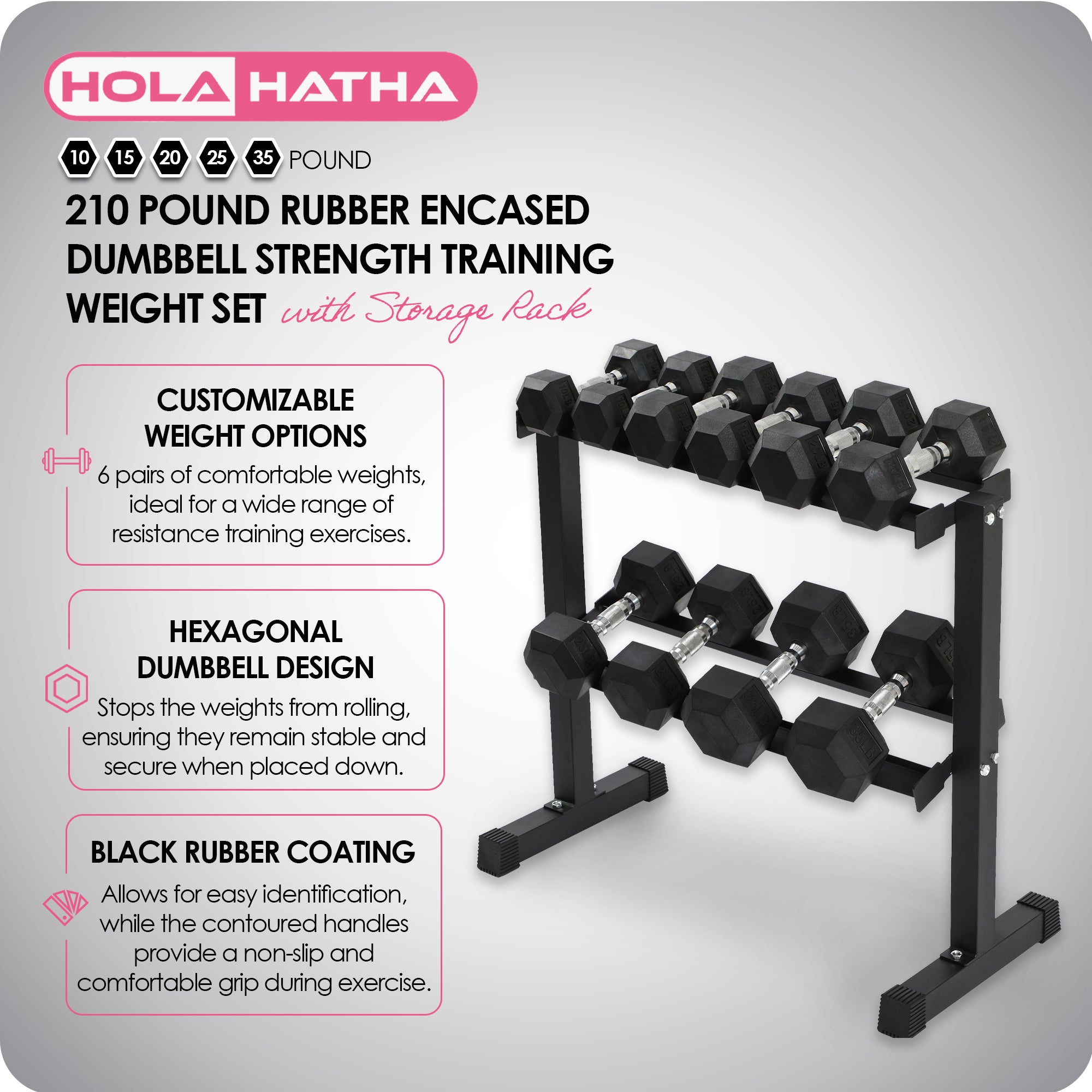 HolaHatha 210 Pound Rubber Encased Dumbbell Strength Training Weight Set w/ Rack - VMInnovations