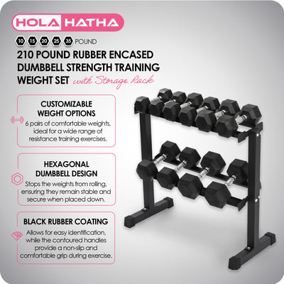 HolaHatha 210 Pound Rubber Encased Dumbbell Strength Training Weight Set w/ Rack - VMInnovations