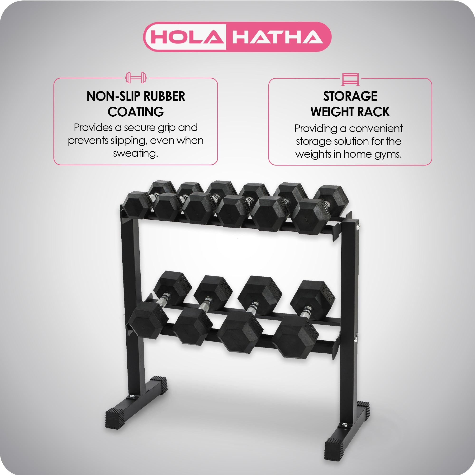 HolaHatha 210 Pound Rubber Encased Dumbbell Strength Training Weight Set w/ Rack - VMInnovations