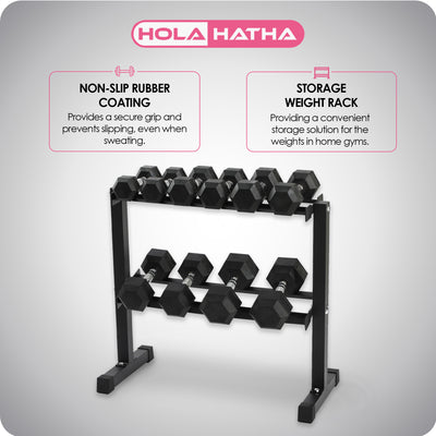 HolaHatha 210 Pound Rubber Encased Dumbbell Strength Training Weight Set w/ Rack