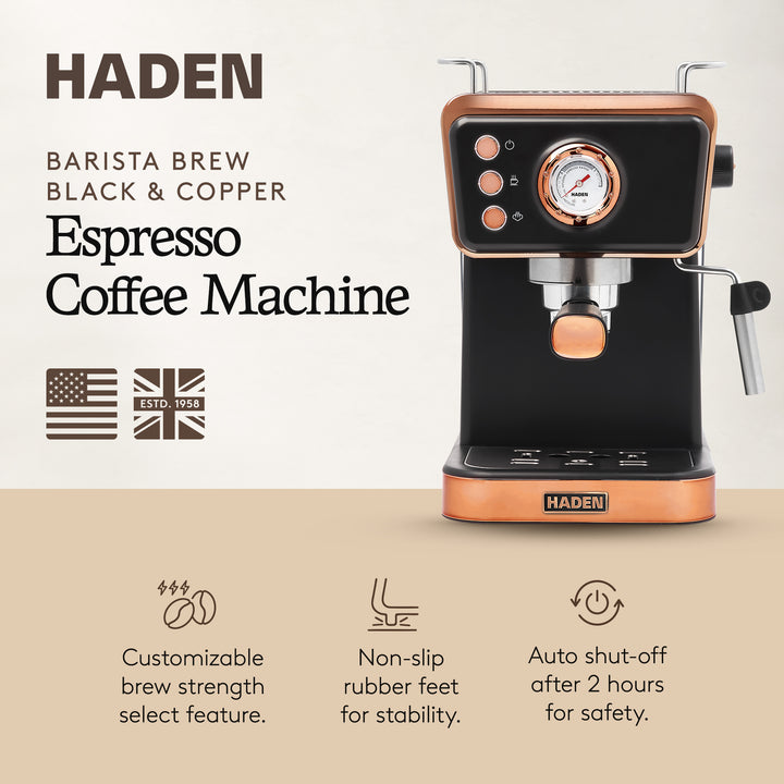 Haden Barista Brew Espresso Coffee Machine 20-Bar Espresso Maker, Black & Copper