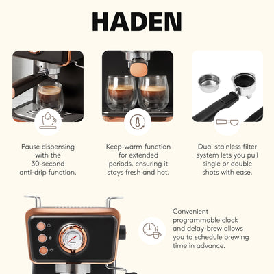 Haden Barista Espresso Machine 20-Bar Espresso Maker, Black & Copper (Open Box)