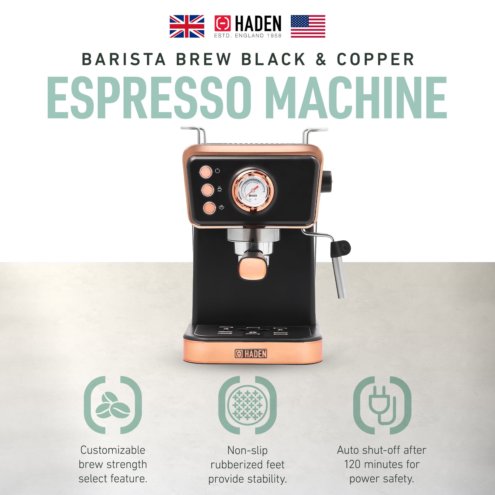 Haden Barista Brew Espresso Machine 20-Bar Espresso Maker, Black & Copper (Used) - VMInnovations