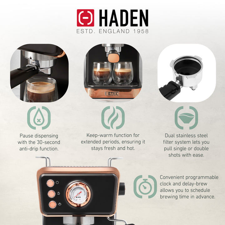 Haden Barista Brew Espresso Coffee Machine 20-Bar Espresso Maker, Black & Copper