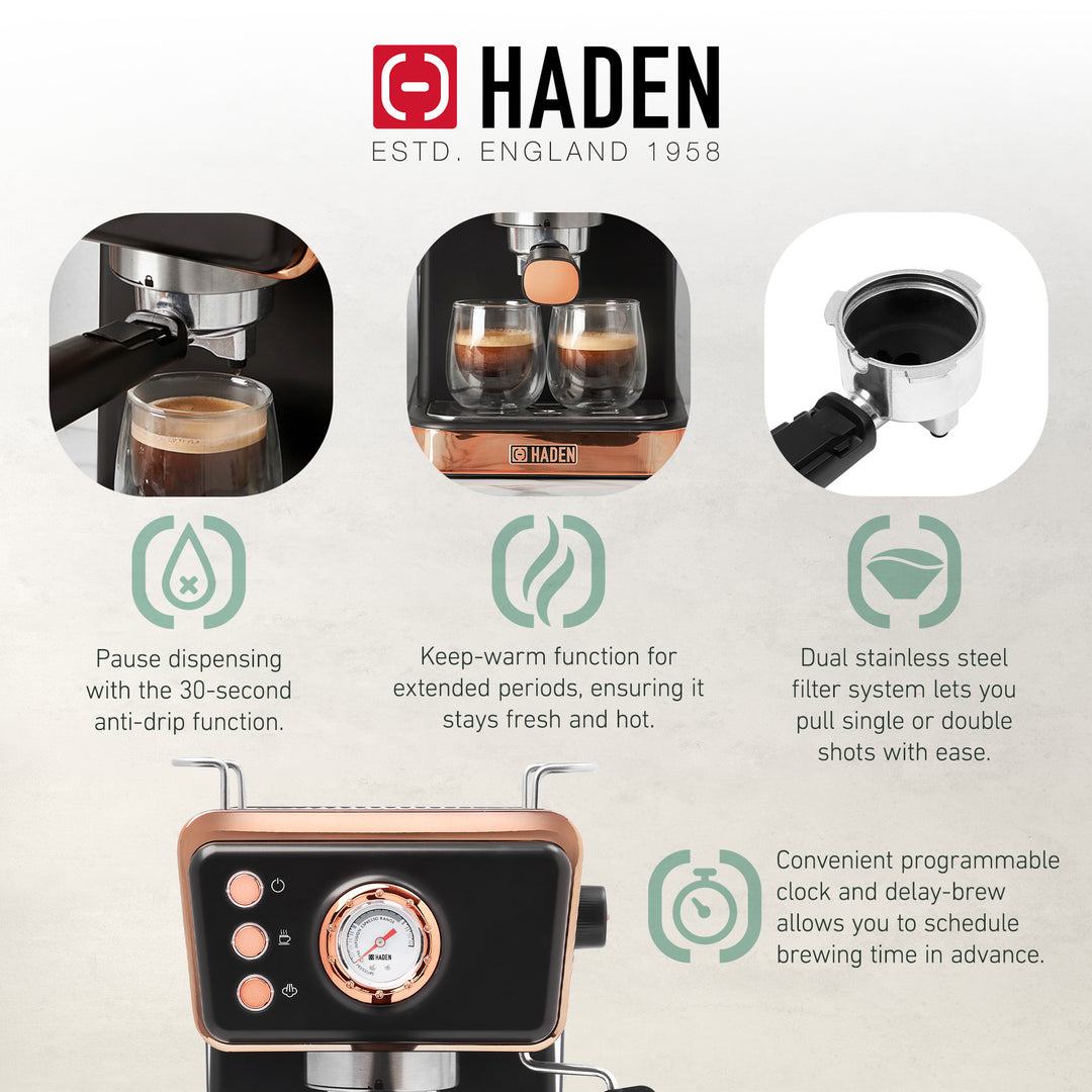 Haden Barista Brew Espresso Machine 20-Bar Espresso Maker, Black & Copper (Used) - VMInnovations