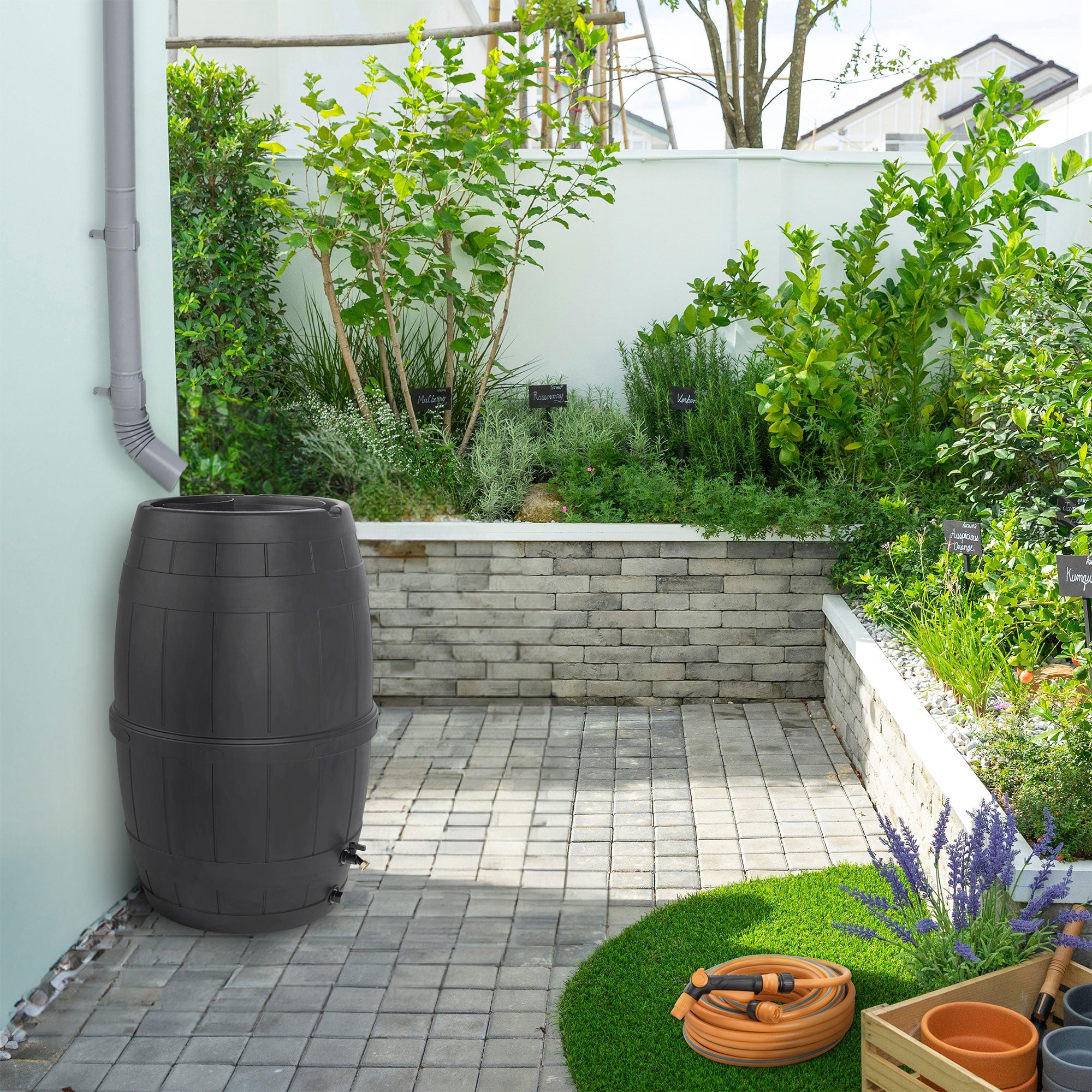 Garden Central Knock Down Rain Barrel w/ Brass Spigot, 39 Gal, Black (Open Box) - VMInnovations