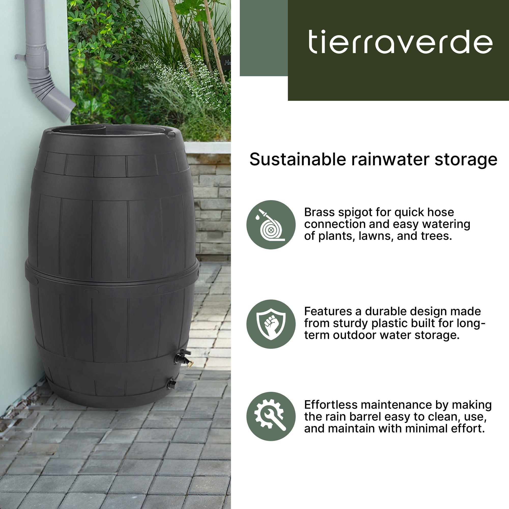 Tierra Verde Knock Down Rain Barrel with Rust Proof Brass Spigot, 39 Gal, Black - VMInnovations