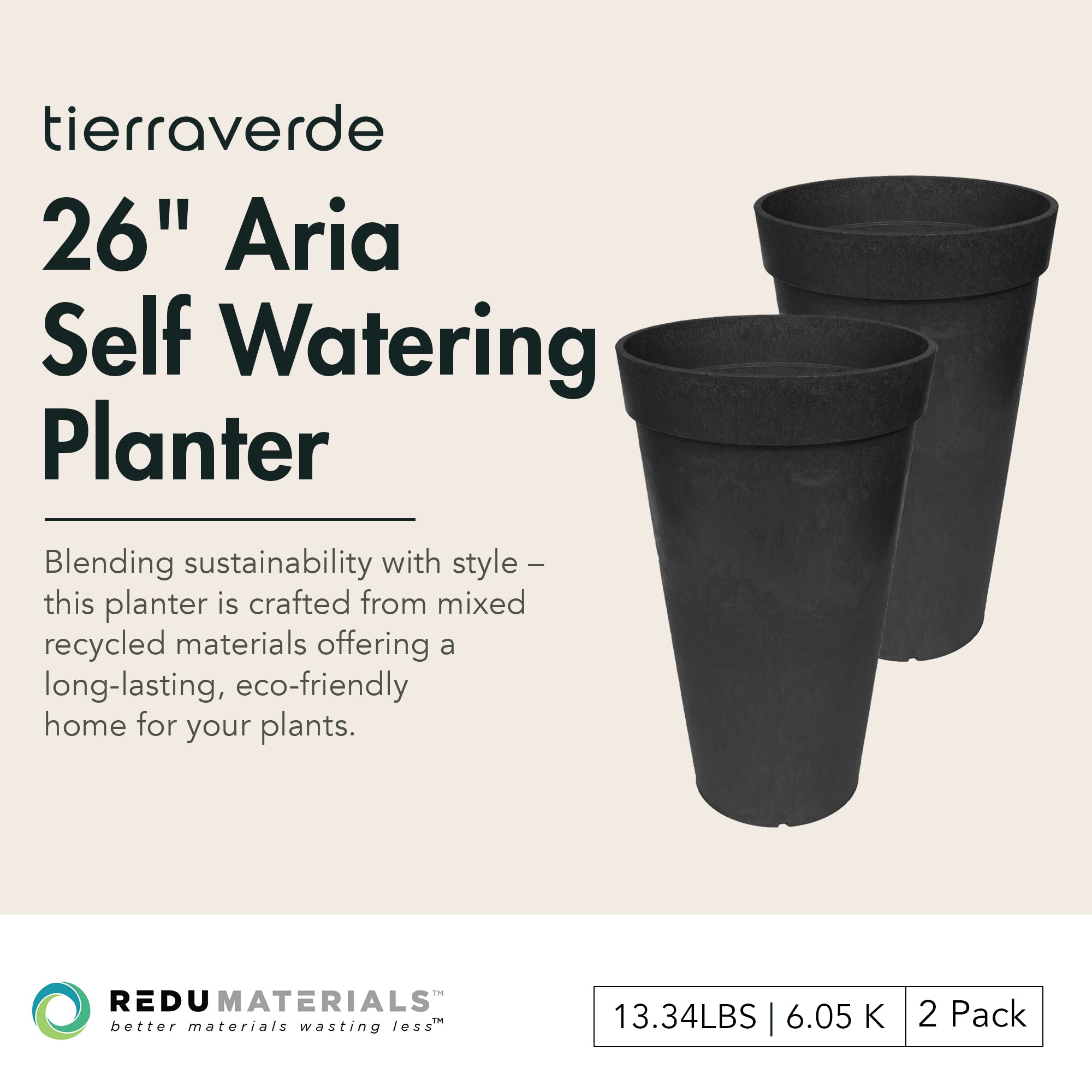 Tierra Verde 2 Pack Aria Round Planter, Self Watering Pot, 15"W x 26"H, Black - VMInnovations