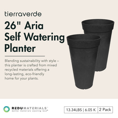 Tierra Verde 2 Pack Aria Round Planter, Self Watering Pot, 15"W x 26"H, Black - VMInnovations