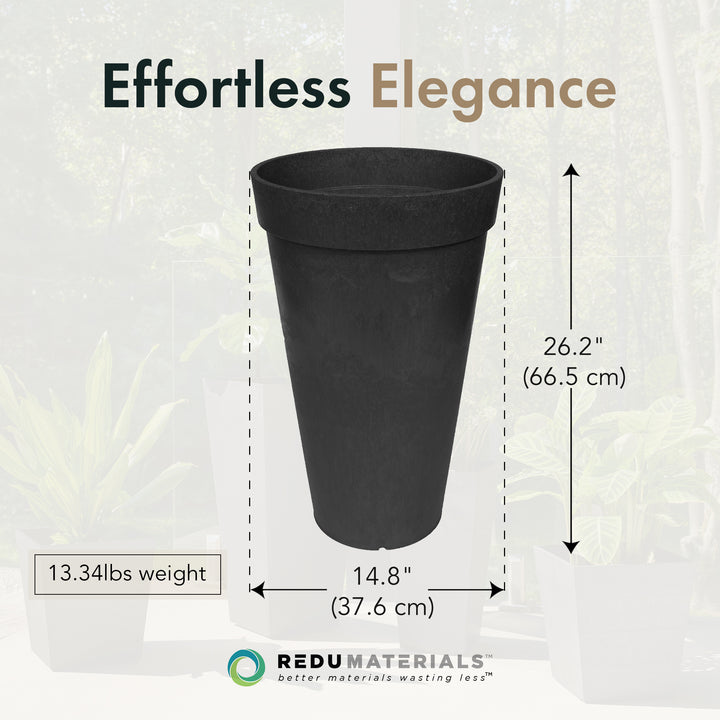 Tierra Verde 2 Pack Aria Round Planter, Self Watering Pot, 15"W x 26"H, Black