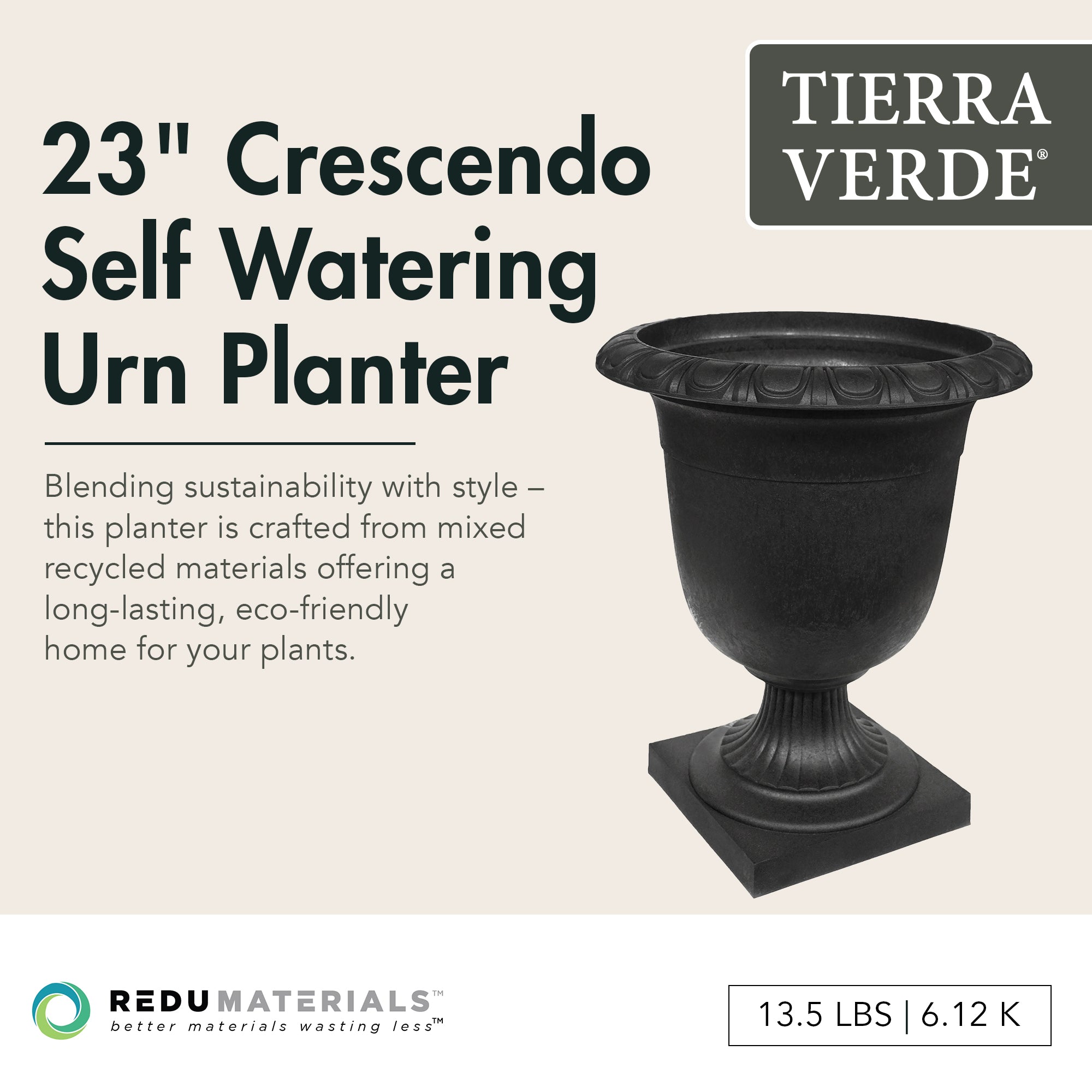 Tierra Verde Self-Watering Urn Planter, Crescendo, 19"W x 23"H (Open Box)