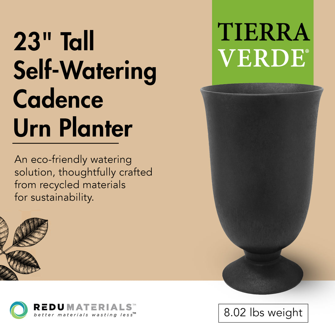 Tierra Verde Indoor Outdoor Self Watering Urn Planter, 14"W x 23"H Black (Used)