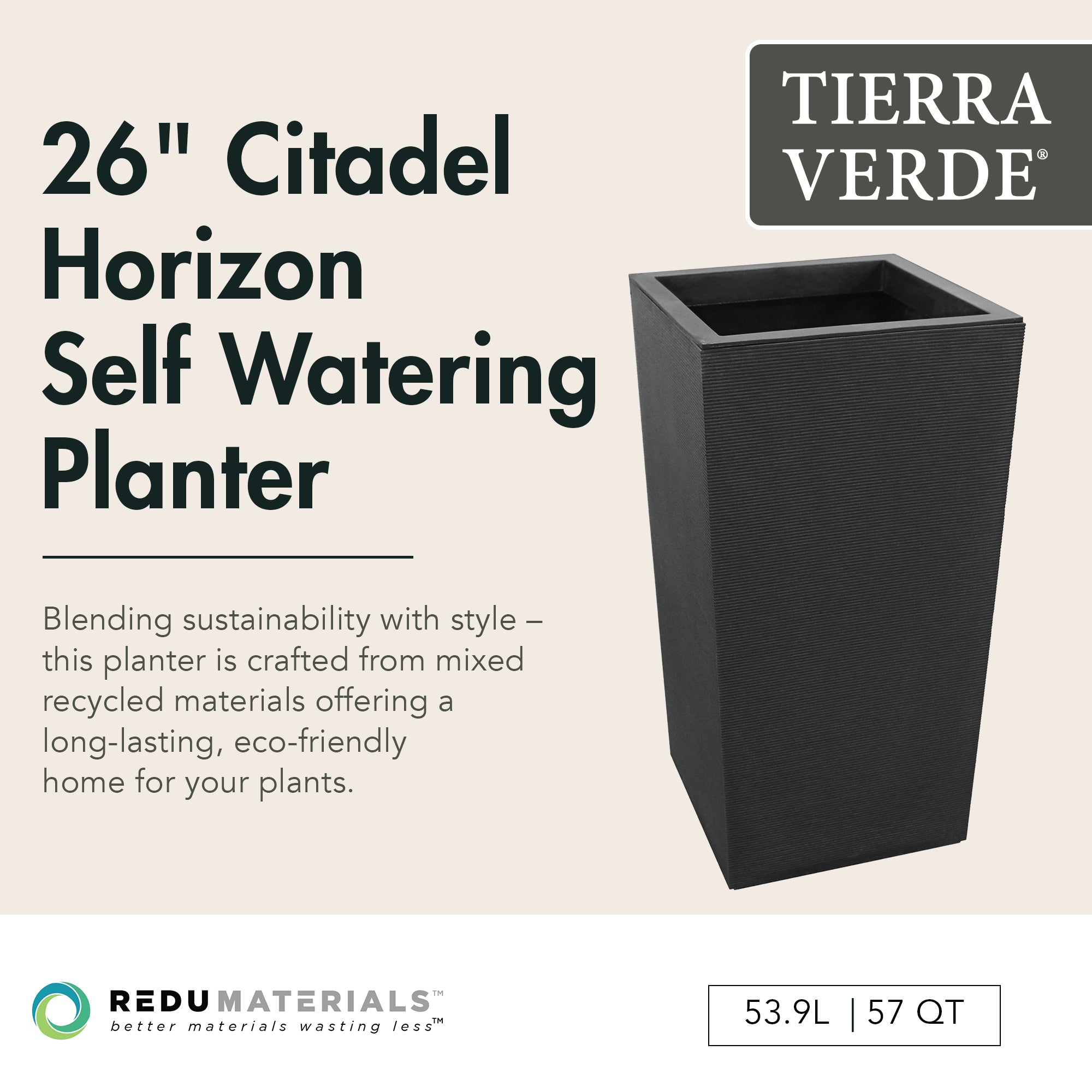 Tierra Verde Citadel Horizon Self Watering Square Planter, Black (Open Box) - VMInnovations