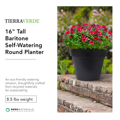 Tierra Verde Baritone Round Planter, Indoor/Outdoor Self Watering Pot, 18" x 16"