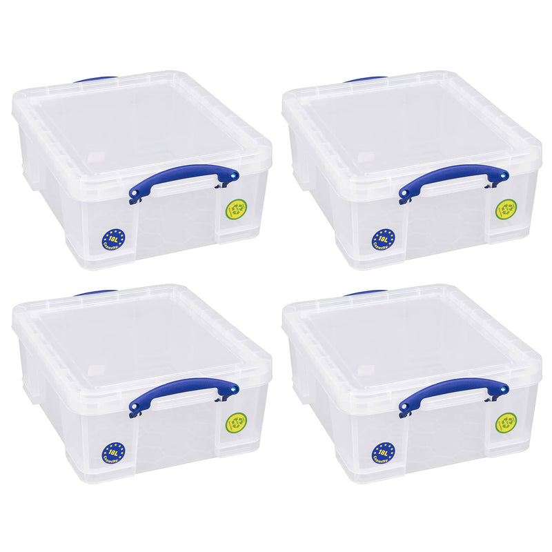 Really Useful Box 18L Storage Container w/Snap Lid & Clip Lock Handle, 4 Pack