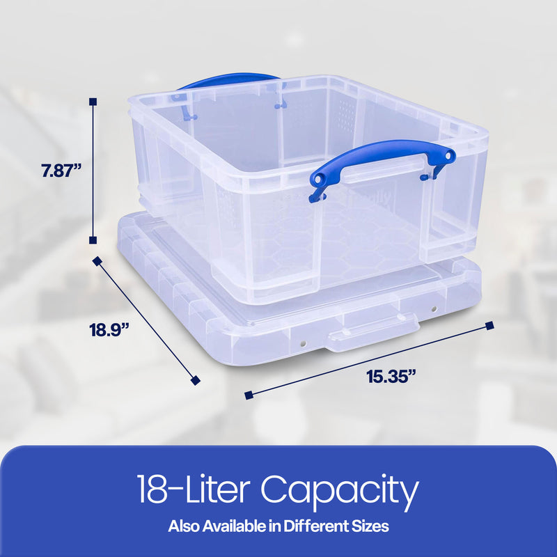 Really Useful Box 18L Storage Container w/Snap Lid & Clip Lock Handle, 4 Pack