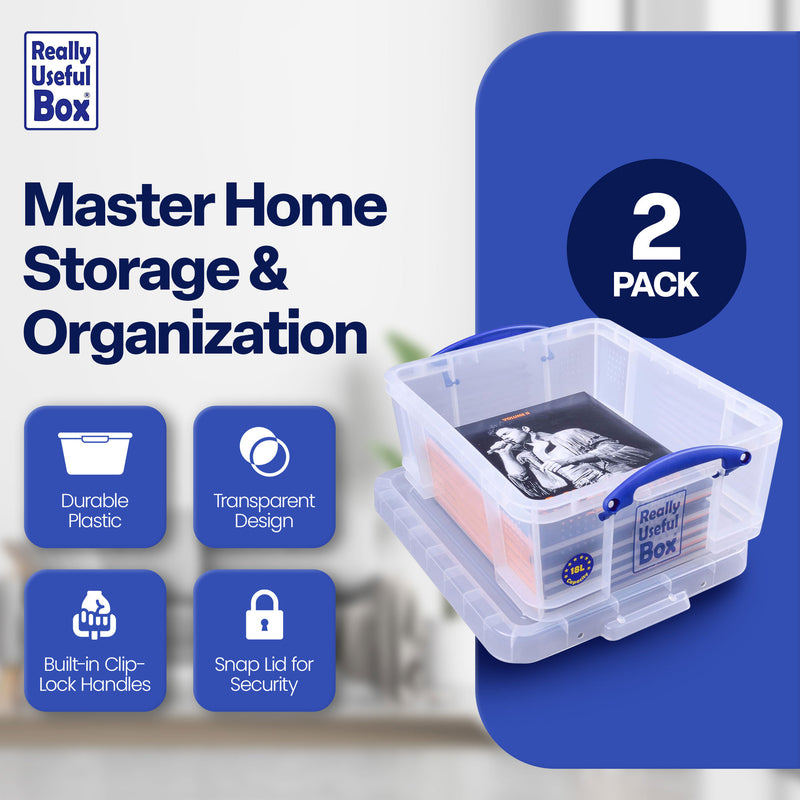 Really Useful Box 18L Storage Container w/Snap Lid & Clip Lock Handle, 4 Pack