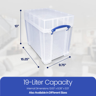 Really Useful Box 19 Liters Transparent Storage Container with Snap Lid, 4 Pack