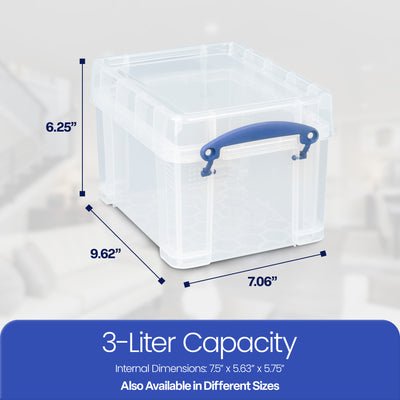 Really Useful Box 3 Liter Snap Lid Storage Bin for Music Storage, 8 Pack, Clear