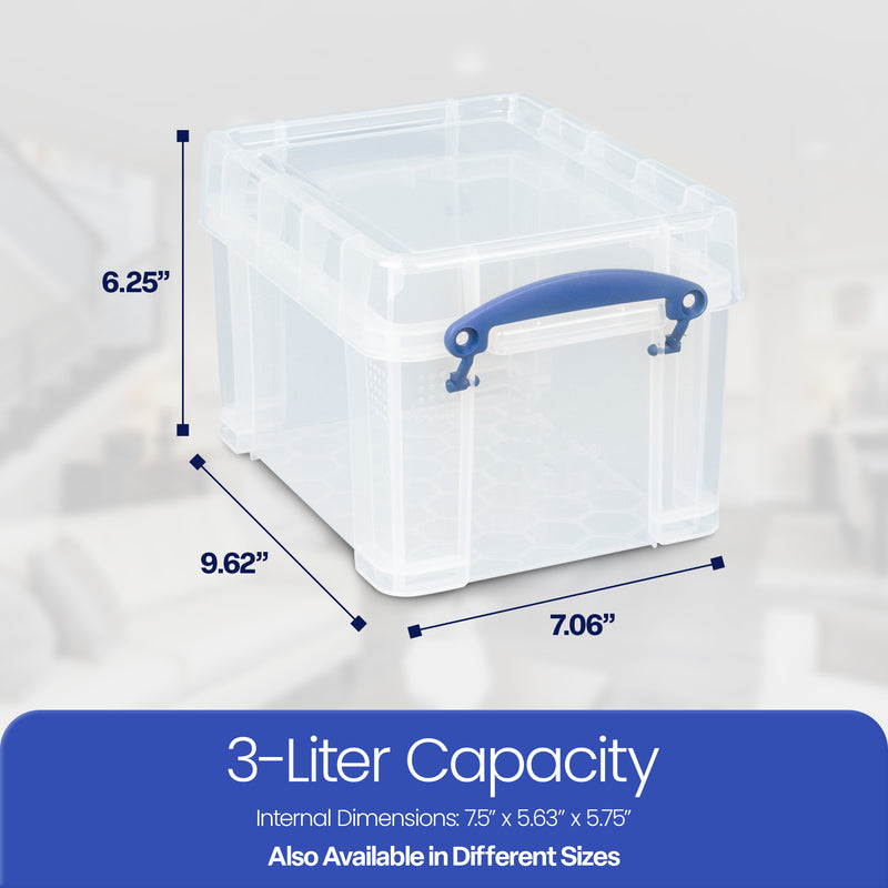 Really Useful Box 3 Liter Snap Lid Storage Bin for Music Storage, 8 Pack, Clear