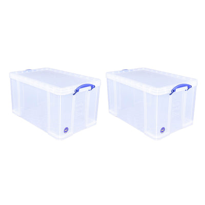 Really Useful Box 84L Storage Bin w/Snap Lid & Clip Lock Handle, 2 Pack, Clear