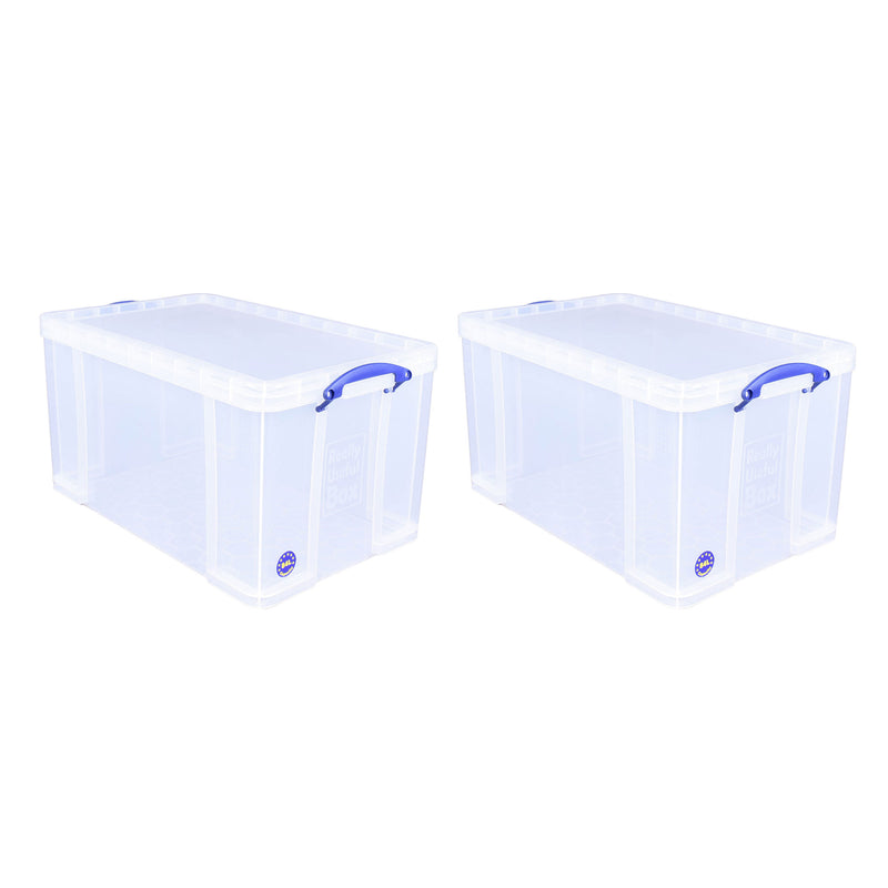 Really Useful Box 84L Storage Bin w/Snap Lid & Clip Lock Handle, 2 Pack, Clear