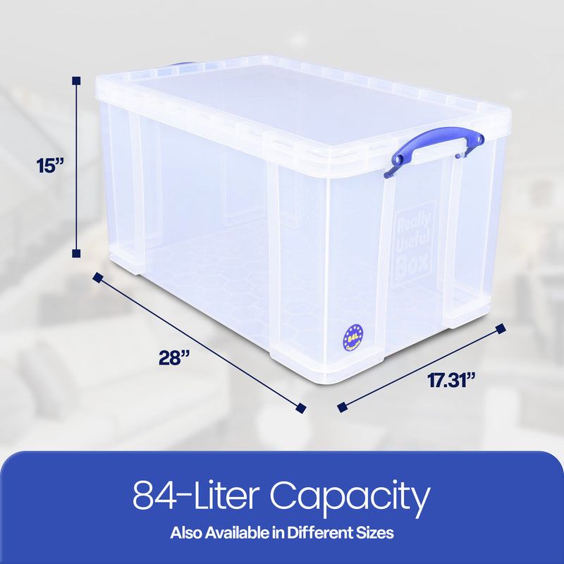 Really Useful Box 84L Storage Bin w/Snap Lid & Clip Lock Handle, 2 Pack, Clear