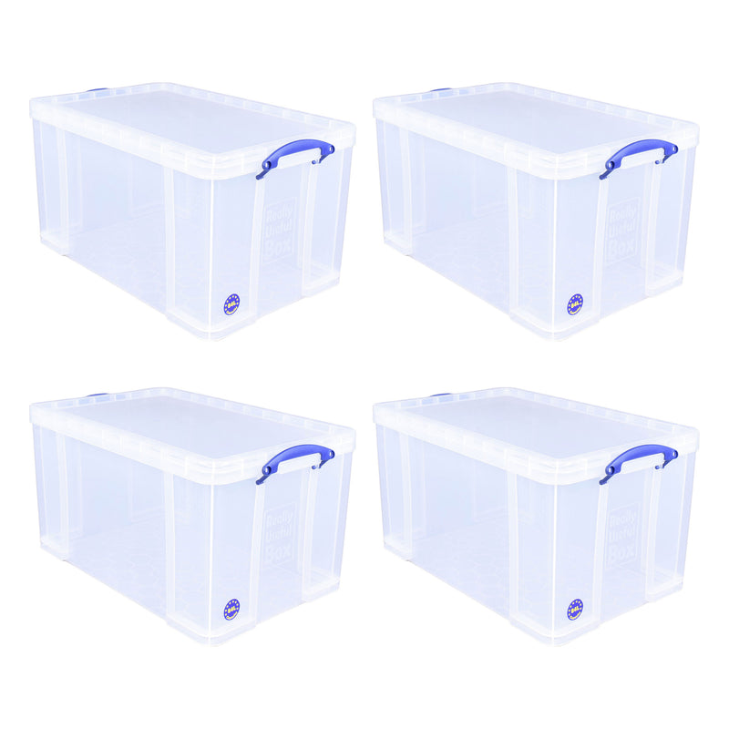 Really Useful Box 84L Storage Bin w/Snap Lid & Clip Lock Handle, 4 Pack, Clear