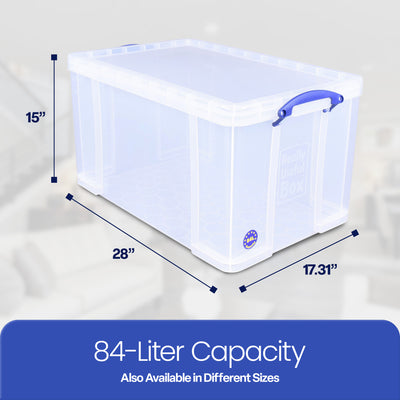 Really Useful Box 84L Storage Bin w/Snap Lid & Clip Lock Handle, 4 Pack, Clear