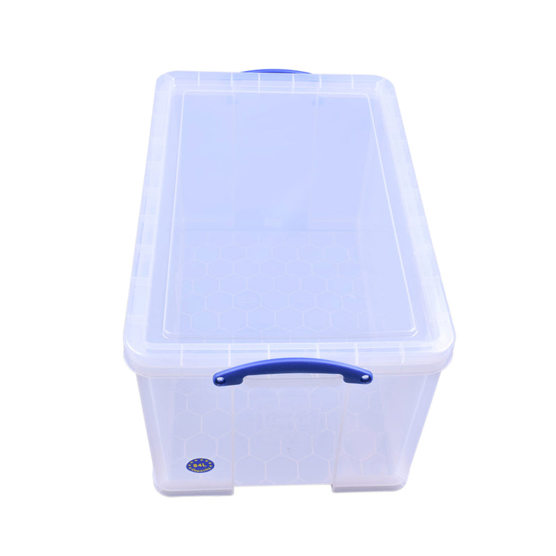 Really Useful Box 84L Storage Bin w/Snap Lid & Clip Lock Handle, 4 Pack, Clear