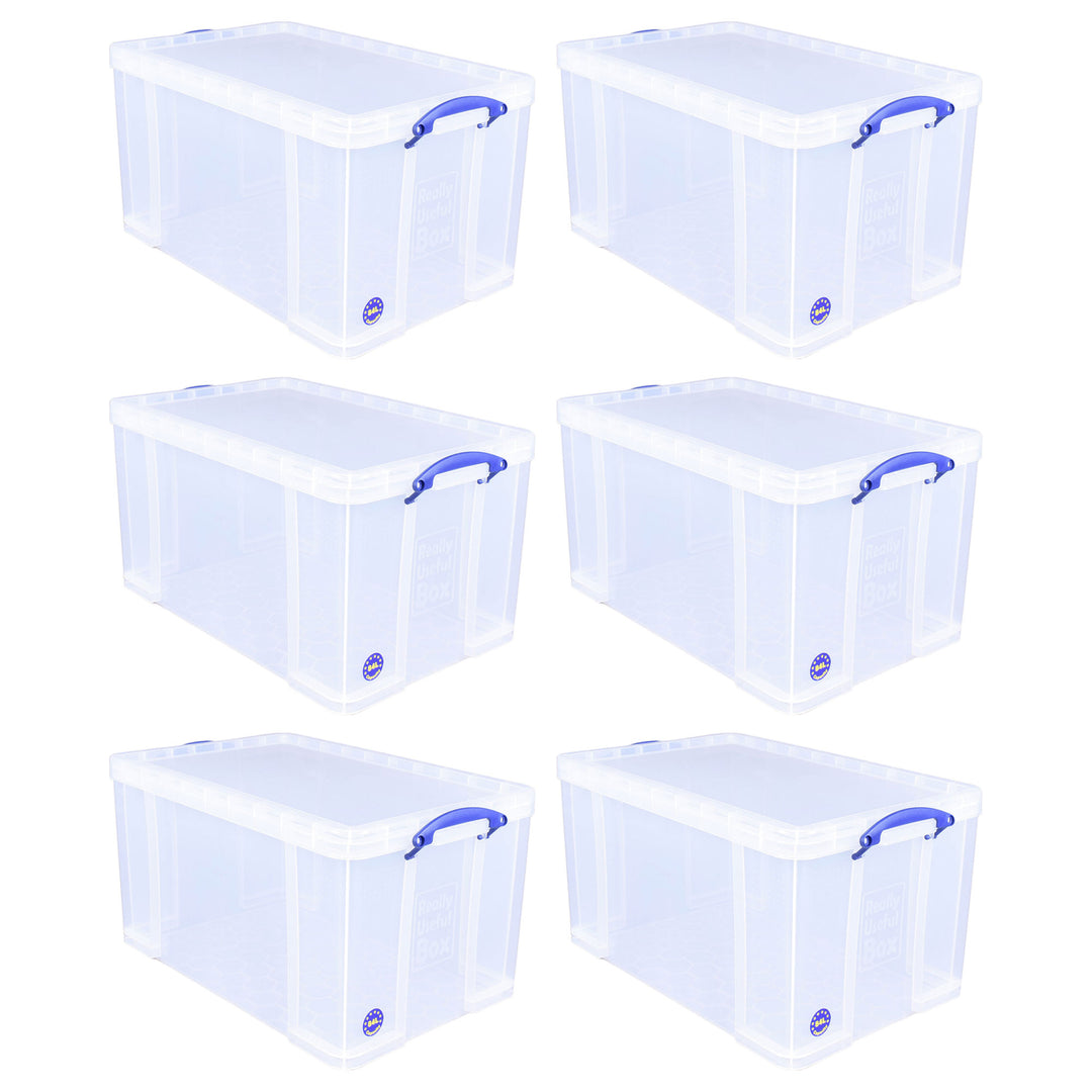 Really Useful Box 84L Storage Bin w/Snap Lid & Clip Lock Handle, 6 Pack, Clear