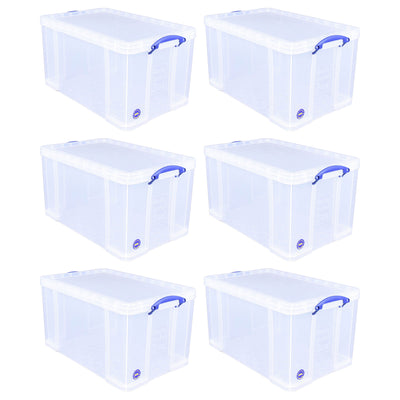 Really Useful Box 84L Storage Bin w/Snap Lid & Clip Lock Handle, 6 Pack, Clear