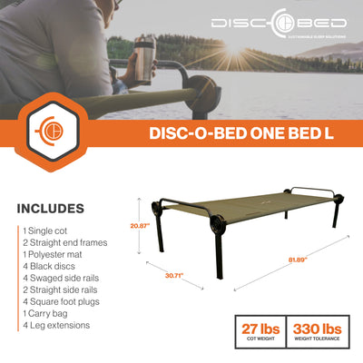 Disc-O-Bed ONE Large Lightweight Folding Camping Cot Bed for Adults, Olive Green