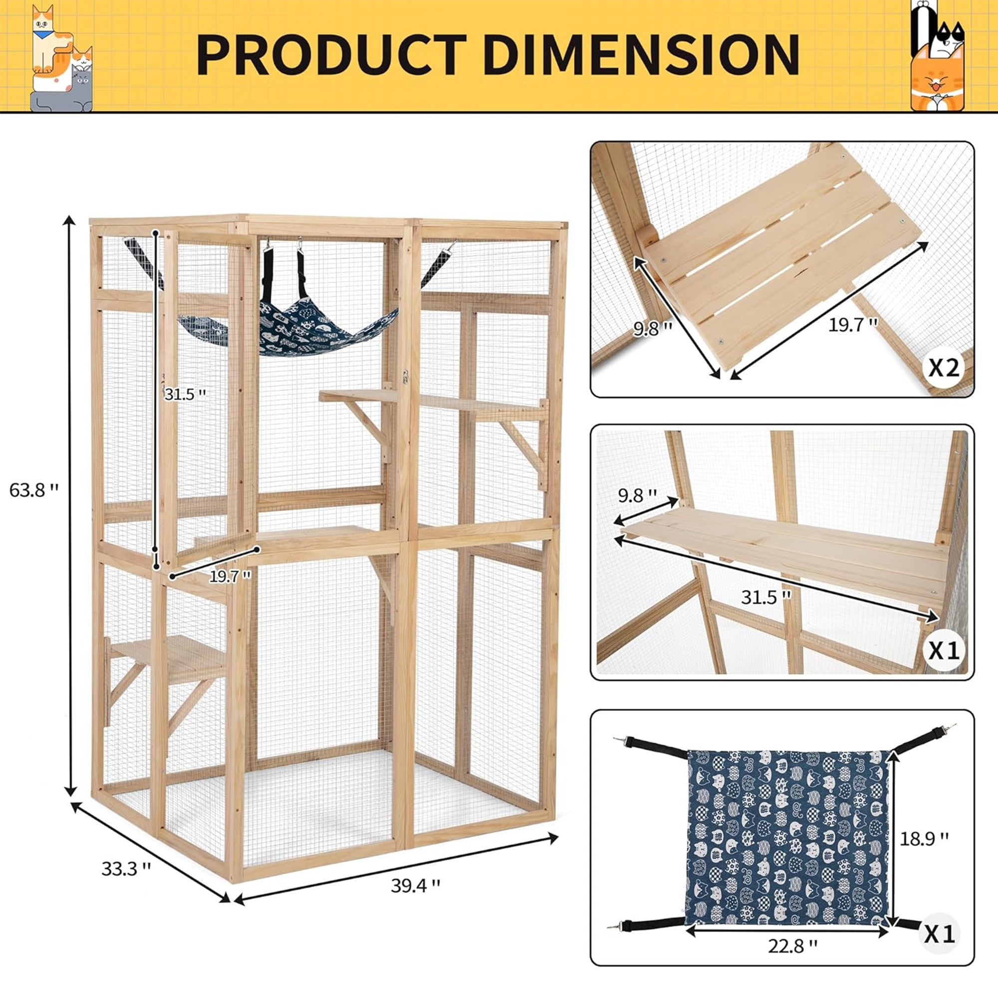 COZIWOW Outdoor Wooden Cat House Enclosure with Window, 3 Platforms, Burlywood - VMInnovations