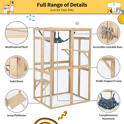 COZIWOW Outdoor Wooden Cat House Enclosure with Window, 3 Platforms, Burlywood - VMInnovations