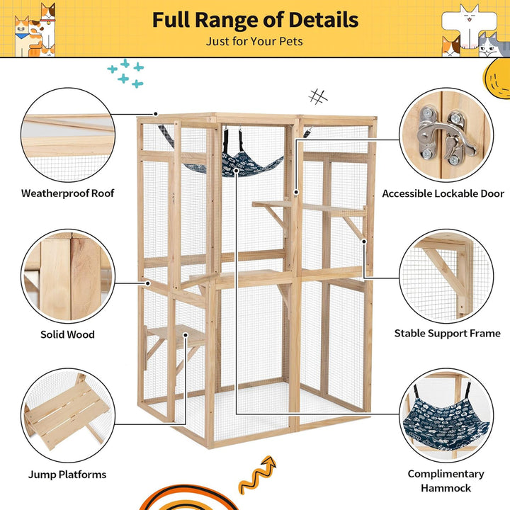 COZIWOW Outdoor Wooden Cat House Enclosure with Window, 3 Platforms, Burlywood