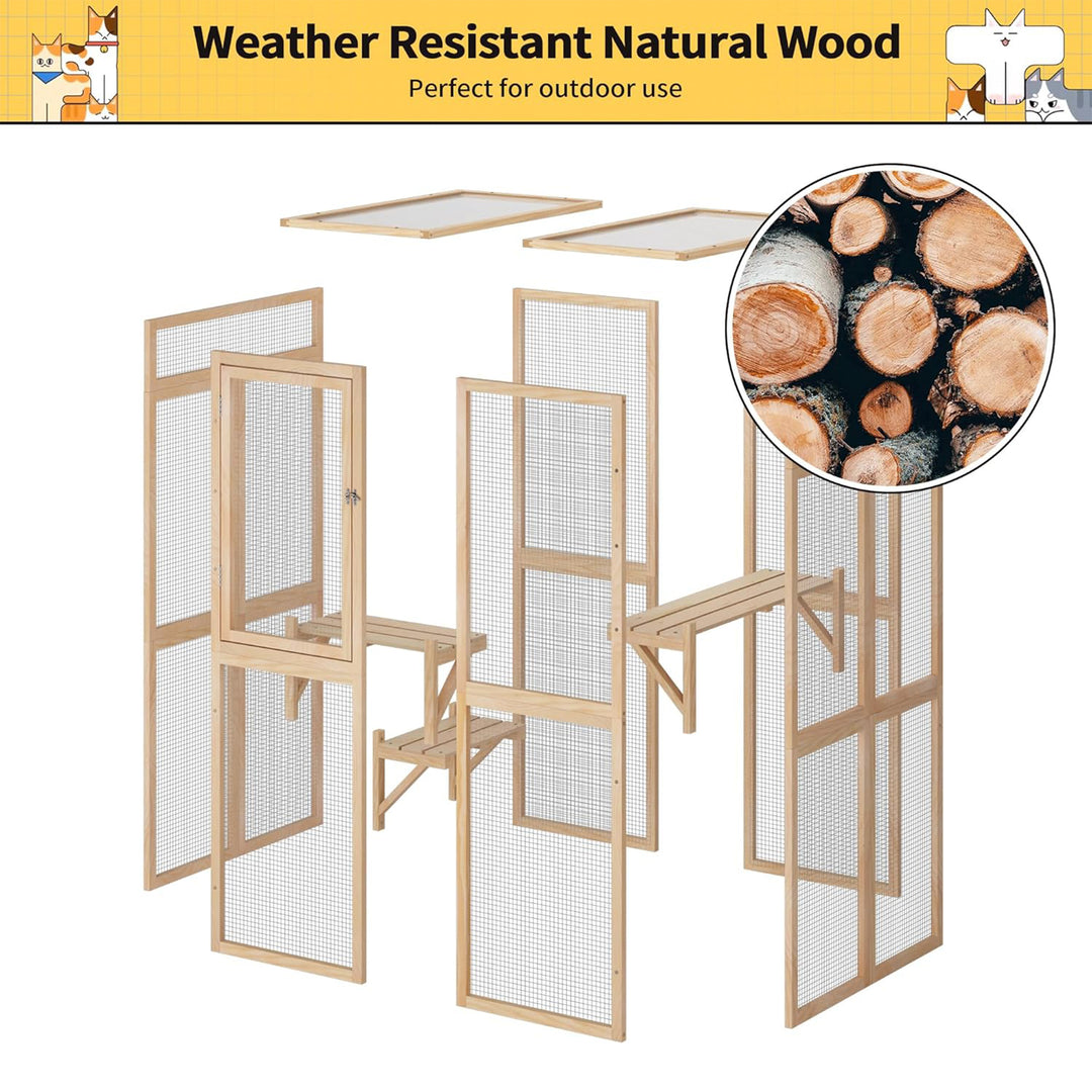 COZIWOW Outdoor Wooden Cat House Enclosure with Window, 3 Platforms, Burlywood