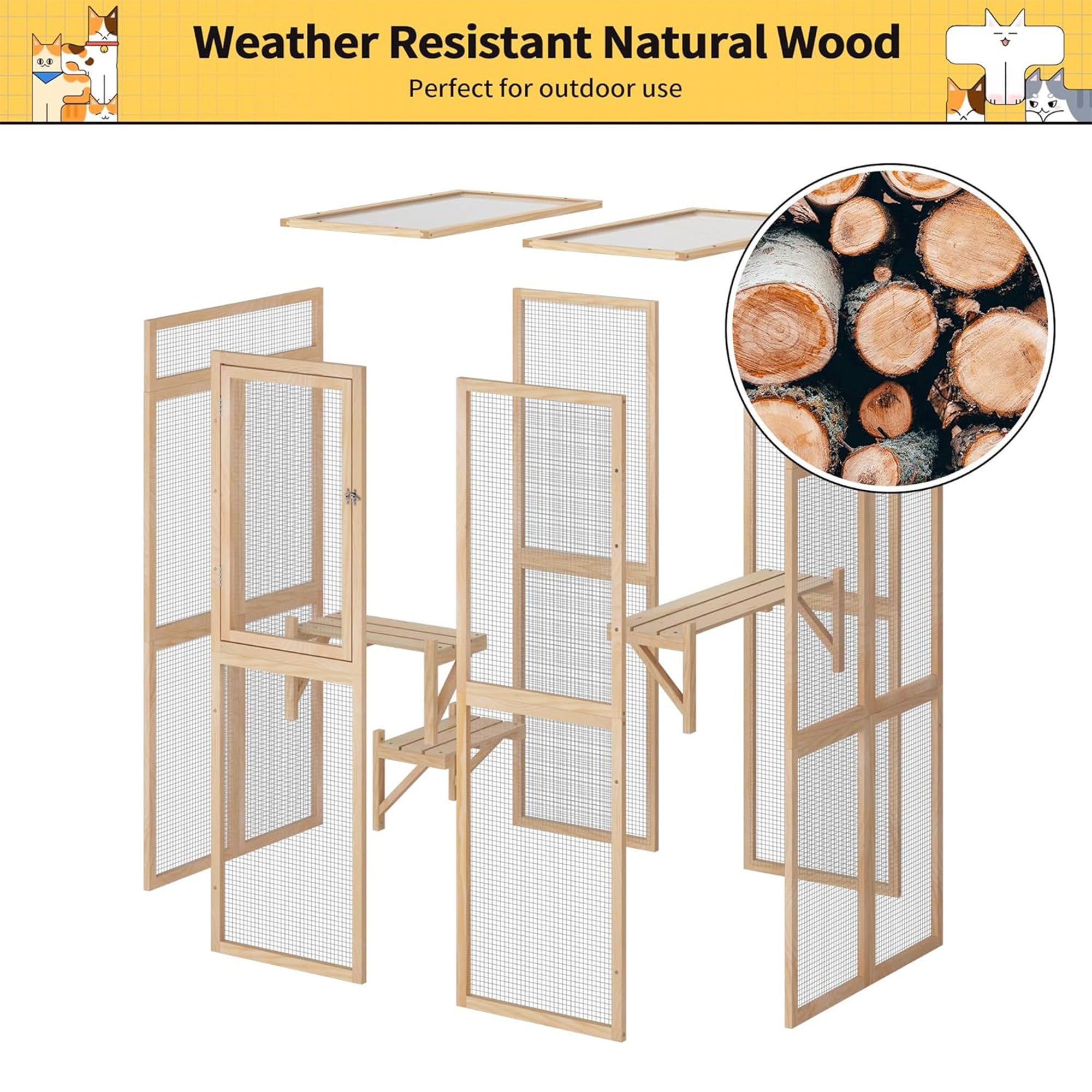 COZIWOW Outdoor Wooden Cat House Enclosure with Window, 3 Platforms, Burlywood - VMInnovations