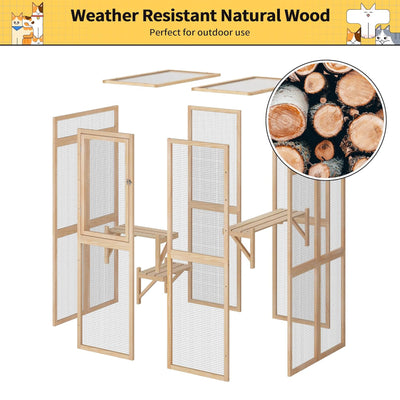 COZIWOW Outdoor Wooden Cat House Enclosure with Window, 3 Platforms, Burlywood - VMInnovations