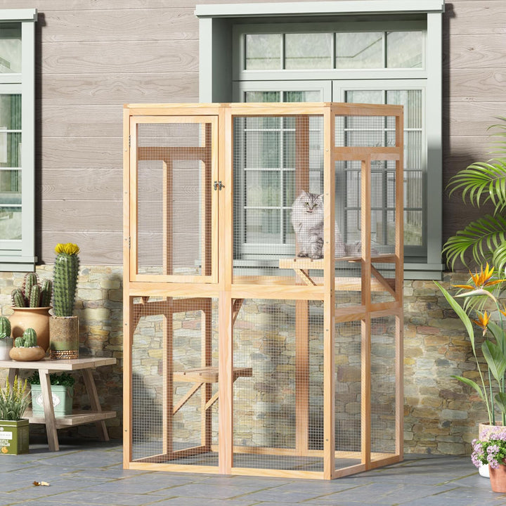 COZIWOW Outdoor Wooden Cat House Enclosure with Window, 3 Platforms, Burlywood