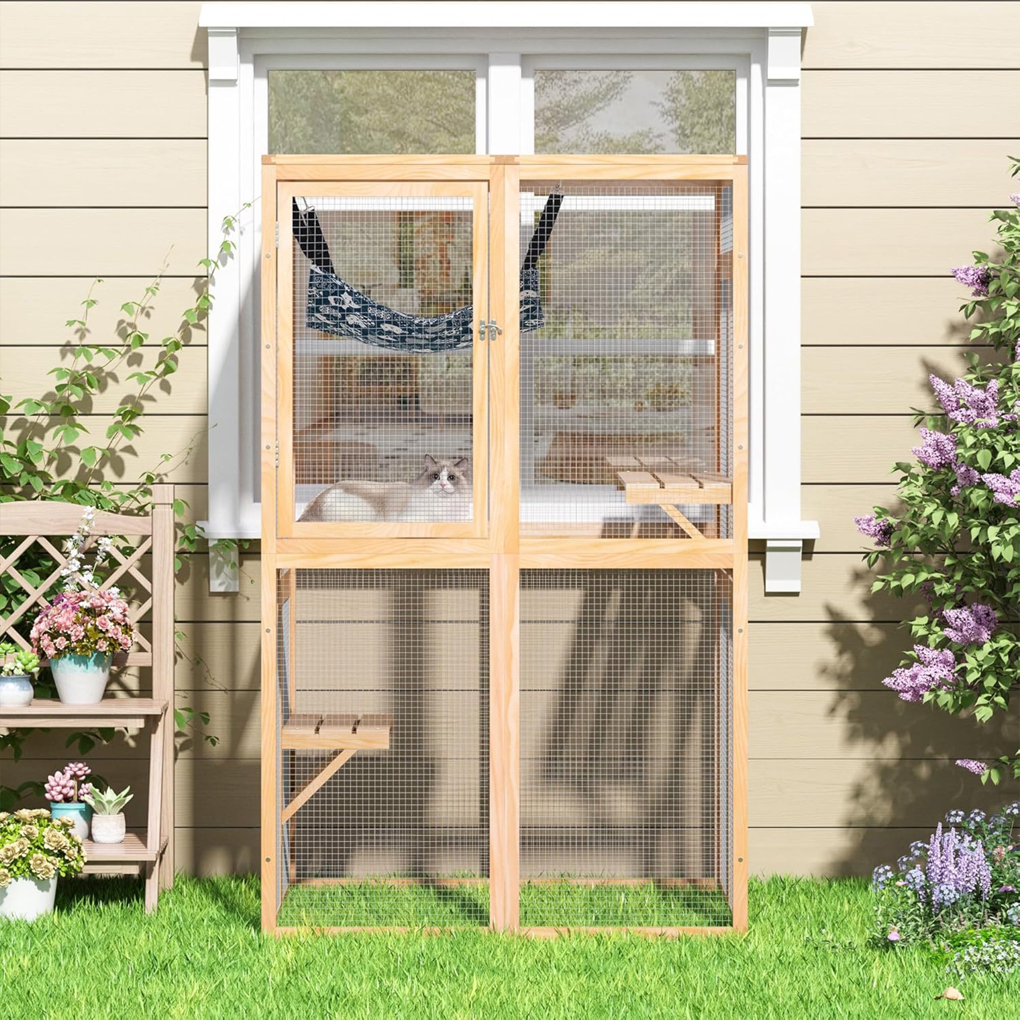 COZIWOW Outdoor Wooden Cat House Enclosure with Window, 3 Platforms, Burlywood - VMInnovations