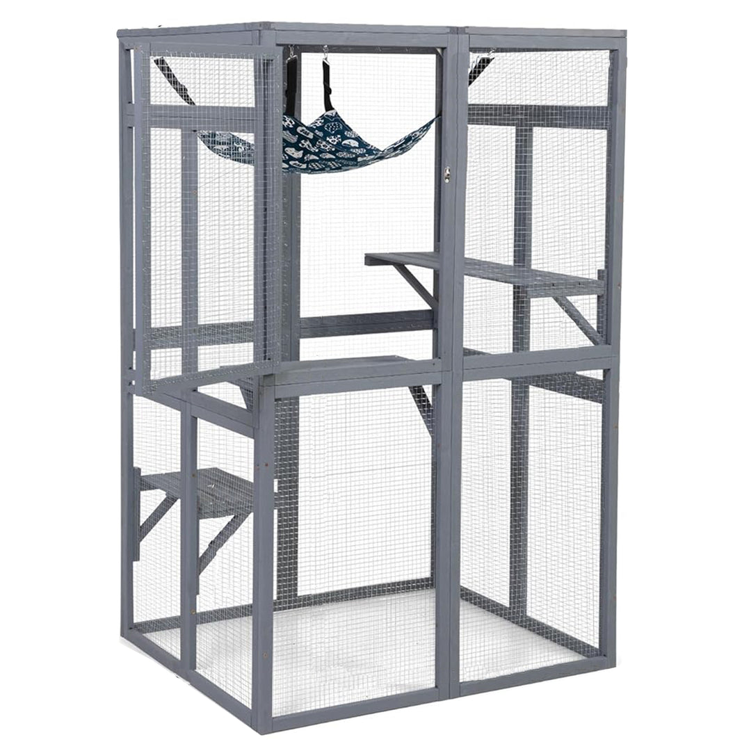 COZIWOW Outdoor Wooden Cat House Enclosure with Window Access, 3 Platforms, Grey