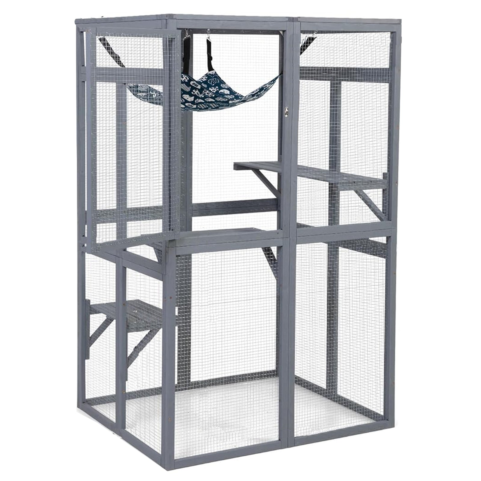 COZIWOW Outdoor Wooden Cat House Enclosure with Window Access, 3 Platforms, Grey - VMInnovations