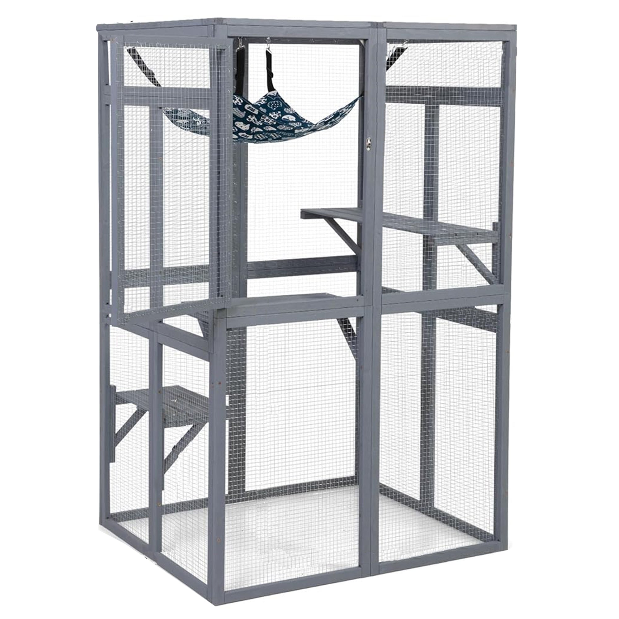 COZIWOW Outdoor Wooden Cat House Enclosure with Window Access, 3 Platforms, Grey - VMInnovations