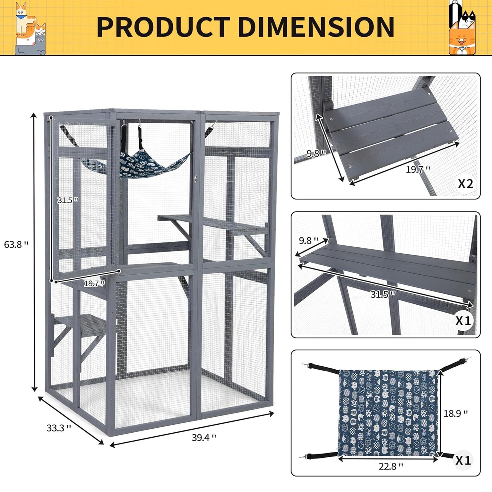 COZIWOW Outdoor Wooden Cat House Enclosure with Window Access, 3 Platforms, Grey - VMInnovations