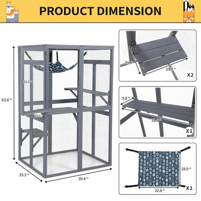 COZIWOW Outdoor Wooden Cat House Enclosure with Window Access, 3 Platforms, Grey - VMInnovations