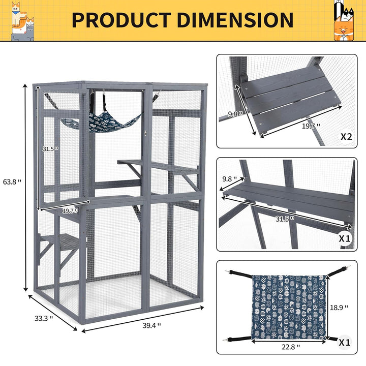 COZIWOW Outdoor Wooden Cat House Enclosure with Window Access, 3 Platforms, Grey