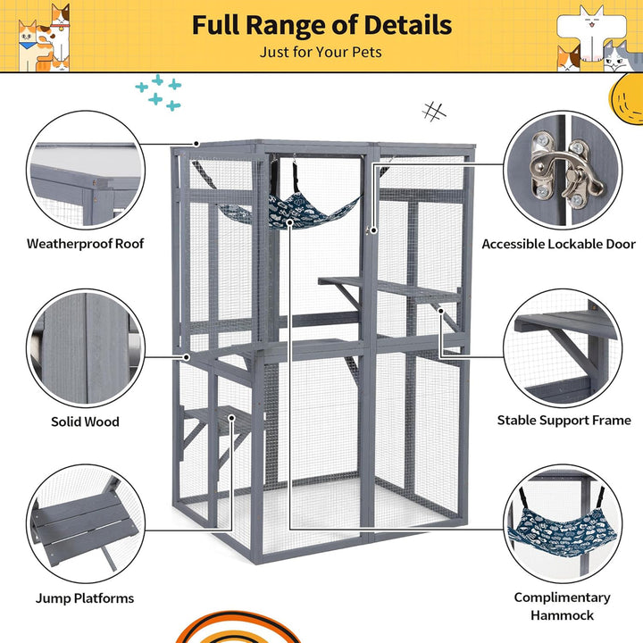 COZIWOW Outdoor Wooden Cat House Enclosure with Window Access, 3 Platforms, Grey